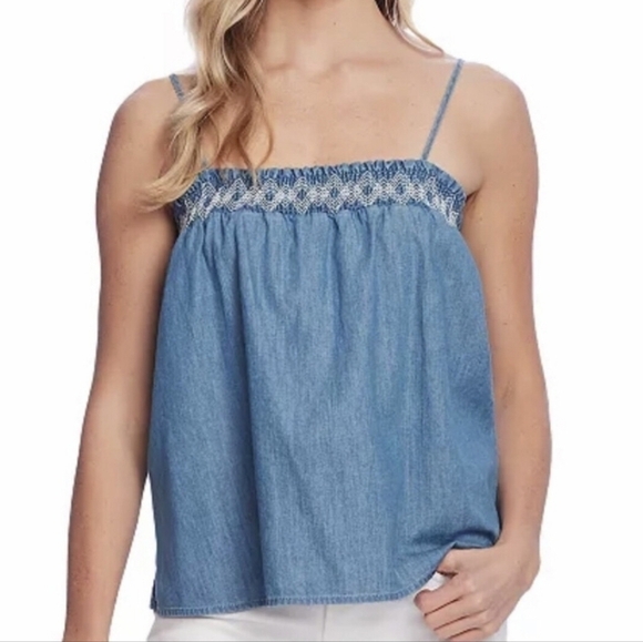 Vince Camuto Tops - Vince Camuto NWT chambray smocked & embroidered indigo denim crop top